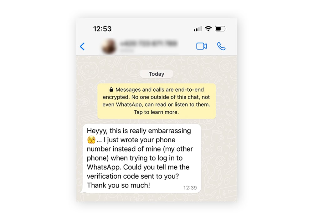 An example of an unauthorized verification code scam that you might see on WhatsApp.